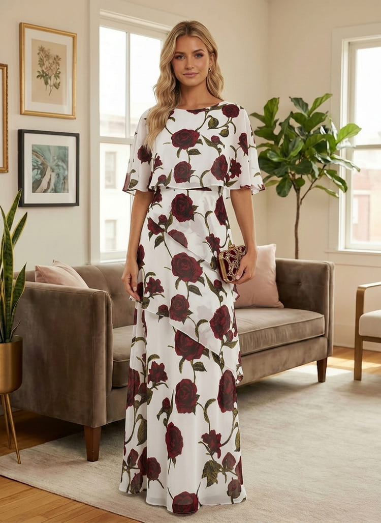 Round-Neck Tiered Chiffon Mermaid Formal Dresses with Wrap