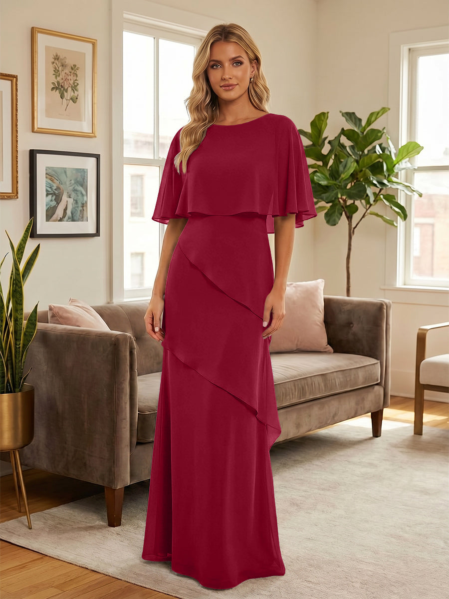 Round-Neck Tiered Chiffon Mermaid Formal Dresses with Wrap