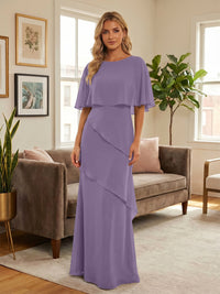 Round-Neck Tiered Chiffon Mermaid Formal Dresses with Wrap