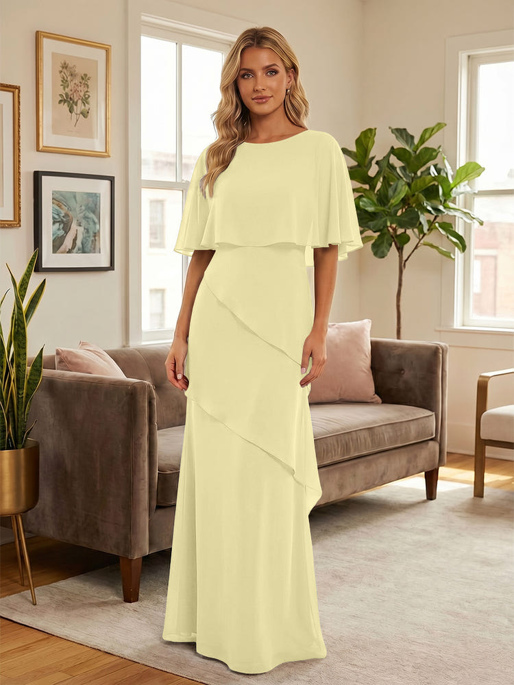 Round-Neck Tiered Chiffon Mermaid Formal Dresses with Wrap