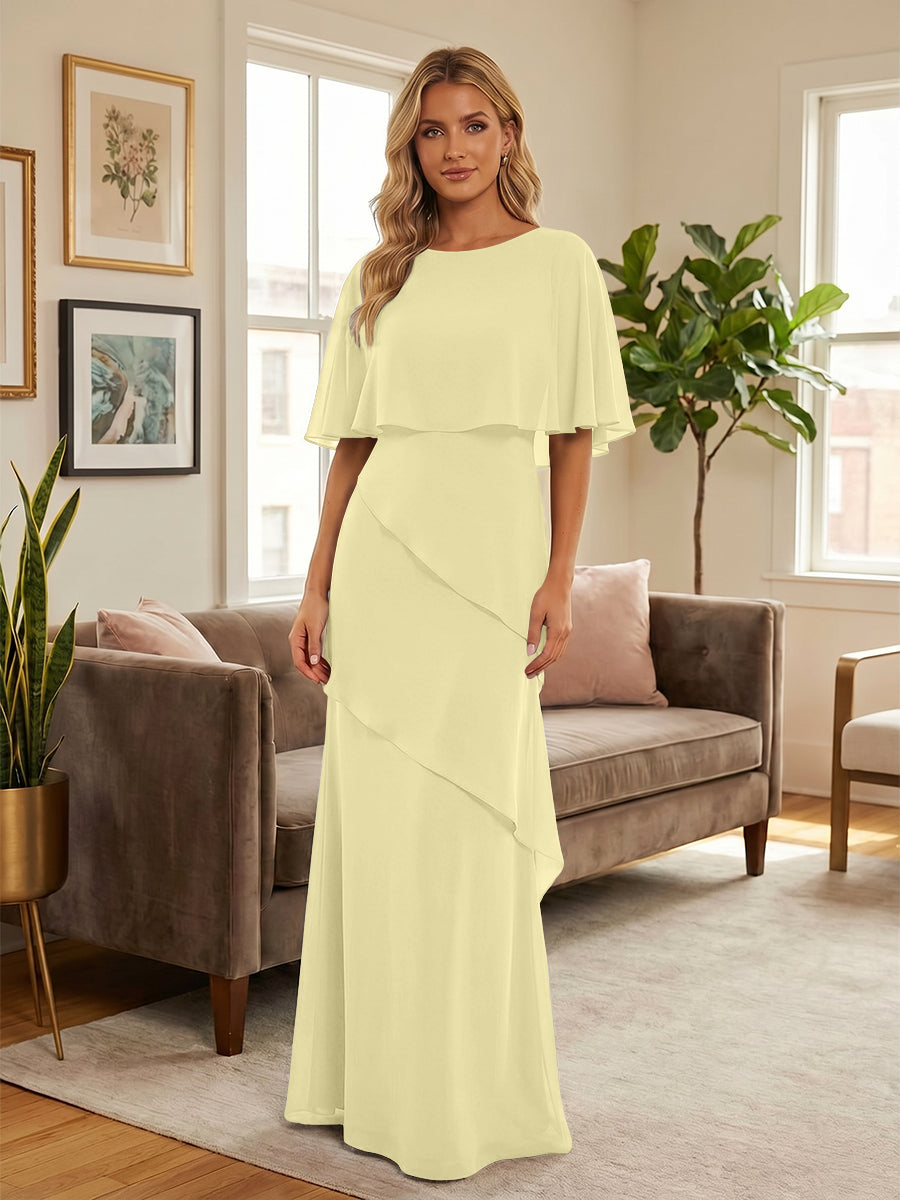 Round-Neck Tiered Chiffon Mermaid Formal Dresses with Wrap