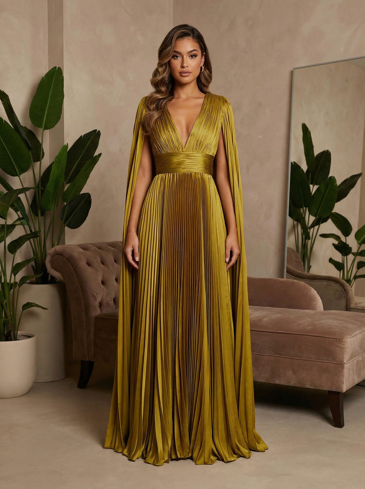 2026 Formal Maxi Dresses Elegant Women's A-Line V-Neck Cap Sleeveless Pleated Satin Guest Evening Gown with Sash