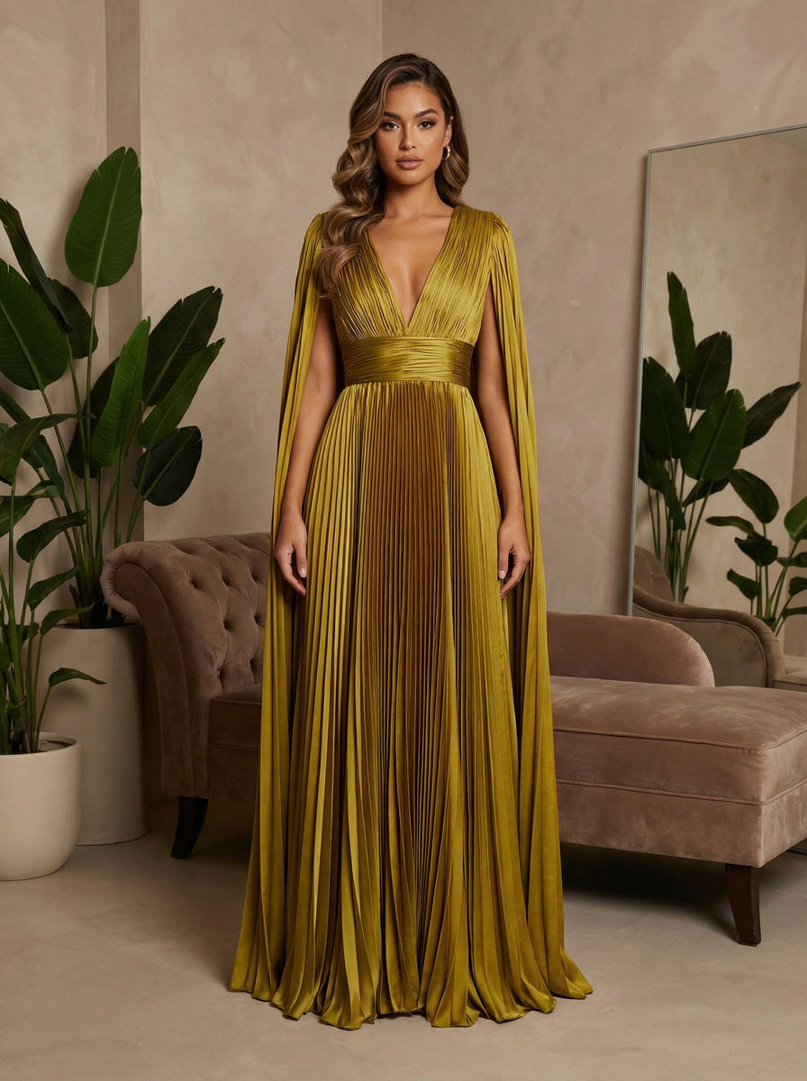 V-Neck Pleated Satin A-Line Formal Dresses with Wrap