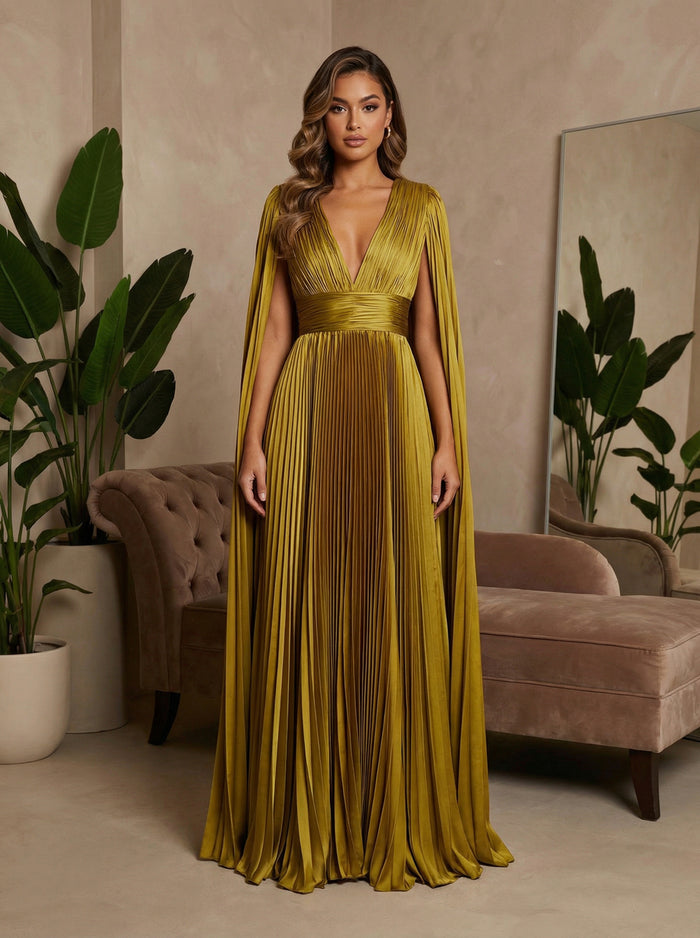 V-Neck Pleated Satin A-Line Formal Dresses with Wrap