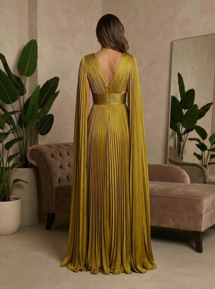 V-Neck Pleated Satin A-Line Formal Dresses with Wrap