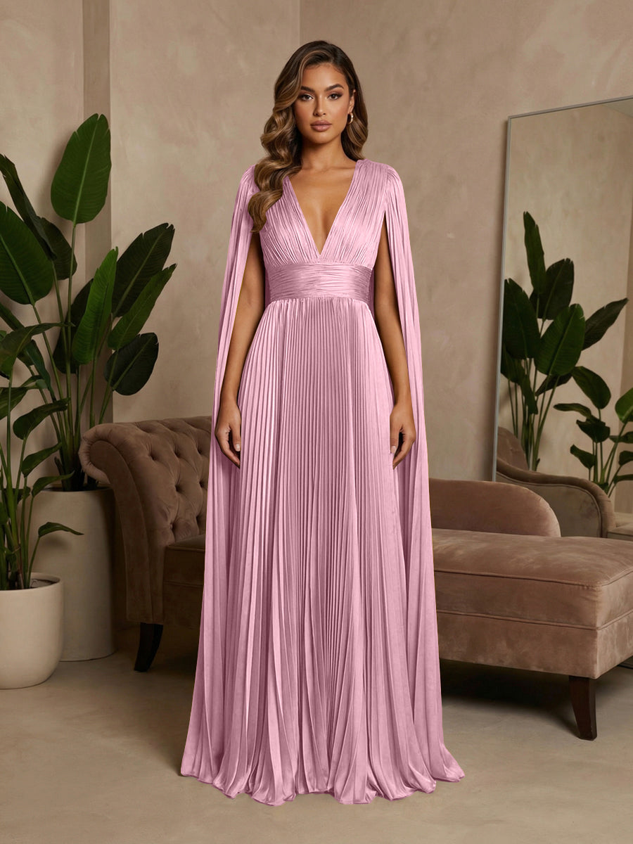 V-Neck Pleated Satin A-Line Formal Dresses with Wrap