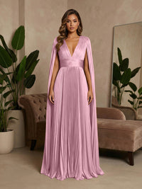 V-Neck Pleated Satin A-Line Formal Dresses with Wrap