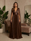 V-Neck Pleated Satin A-Line Formal Dresses with Wrap