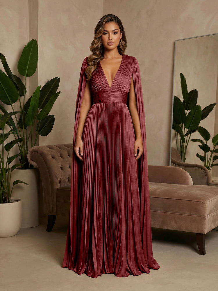 V-Neck Pleated Satin A-Line Formal Dresses with Wrap