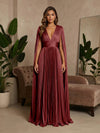 V-Neck Pleated Satin A-Line Formal Dresses with Wrap