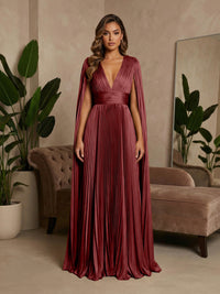V-Neck Pleated Satin A-Line Formal Dresses with Wrap