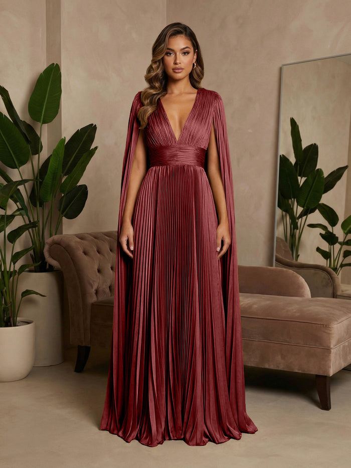 V-Neck Pleated Satin A-Line Formal Dresses with Wrap
