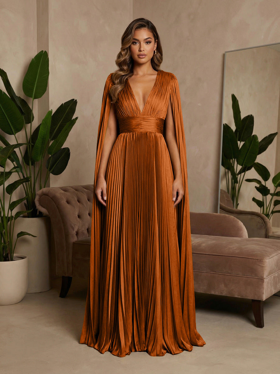 V-Neck Pleated Satin A-Line Formal Dresses with Wrap