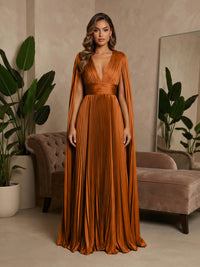 V-Neck Pleated Satin A-Line Formal Dresses with Wrap