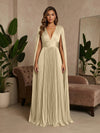 V-Neck Pleated Satin A-Line Formal Dresses with Wrap