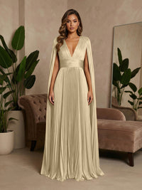V-Neck Pleated Satin A-Line Formal Dresses with Wrap