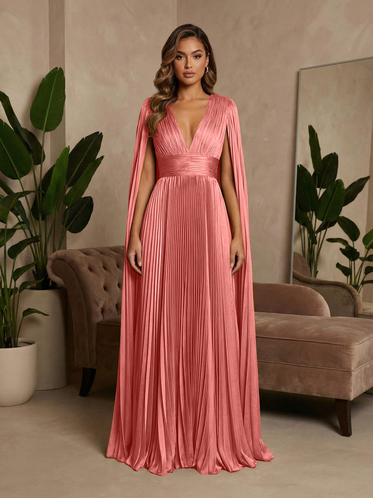 V-Neck Delicate Pleated Satin A-Line Formal Dresses with Wraps