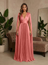 V-Neck Delicate Pleated Satin A-Line Formal Dresses with Wraps