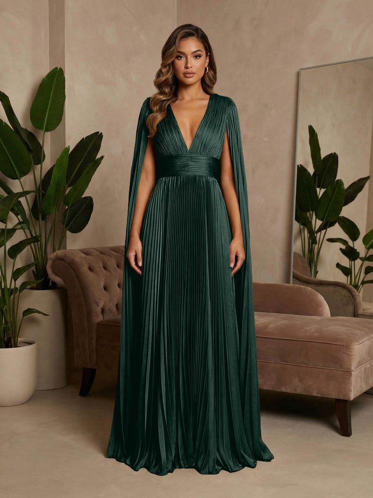 2026 Pleated Formal Evening Dresses Elegant Women's A-Line V-Neck Cap Sleeves Maxi Satin Wedding Party Gown with Sash