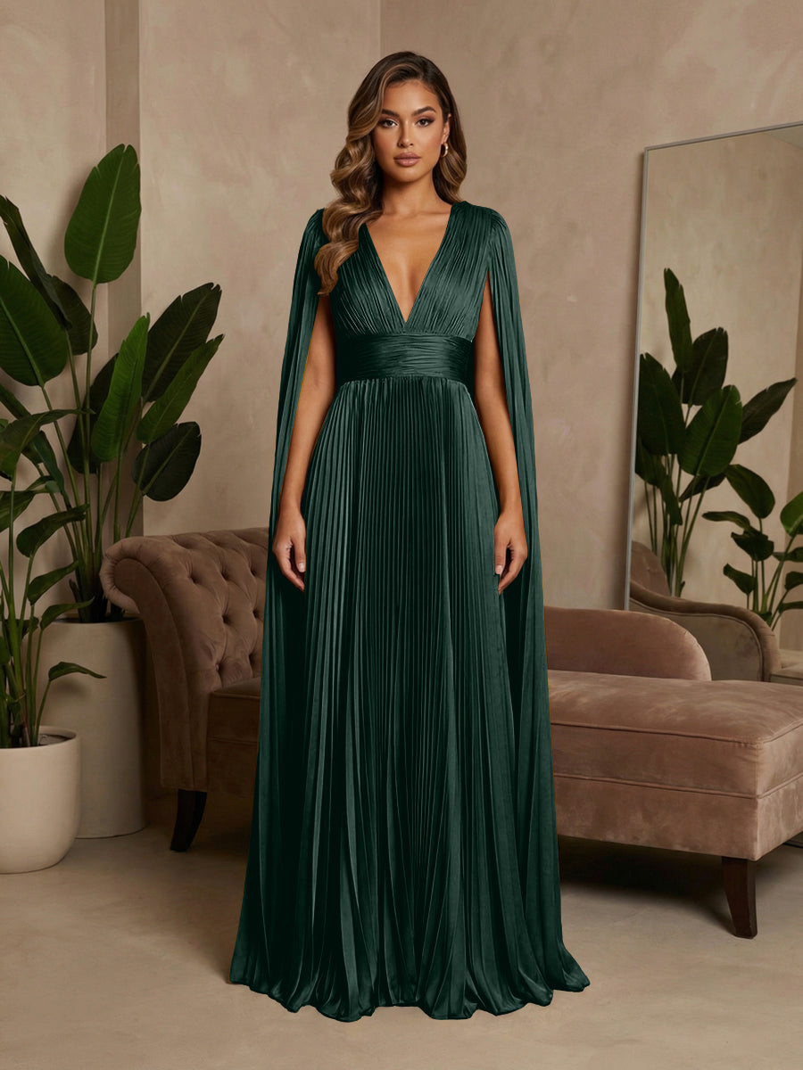 V-Neck Pleated Satin A-Line Formal Dresses with Wrap