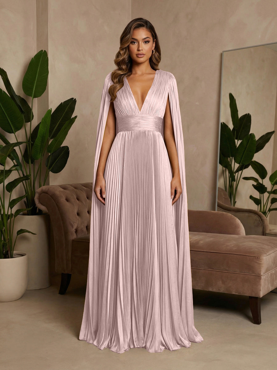 V-Neck Pleated Satin A-Line Formal Dresses with Wrap