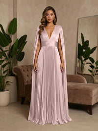 V-Neck Pleated Satin A-Line Formal Dresses with Wrap
