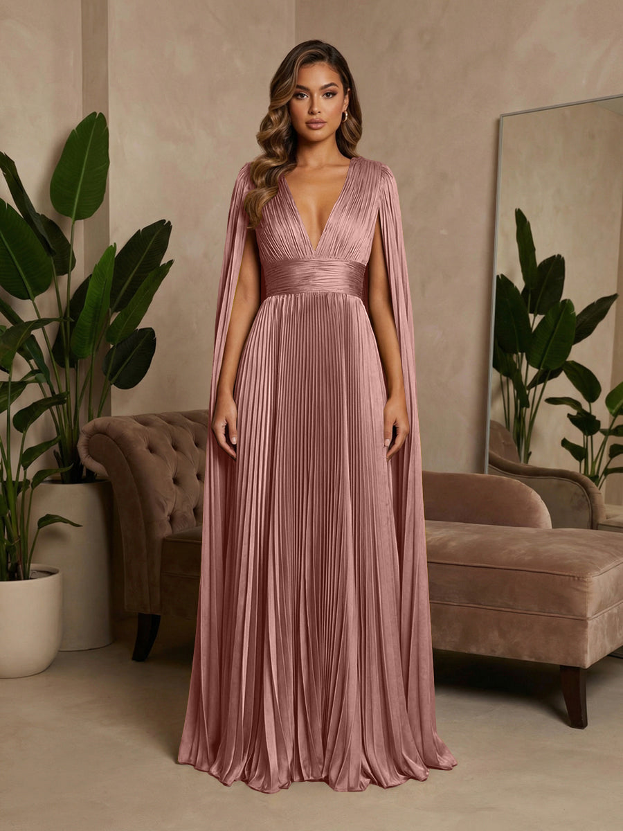 V-Neck Pleated Satin A-Line Formal Dresses with Wrap