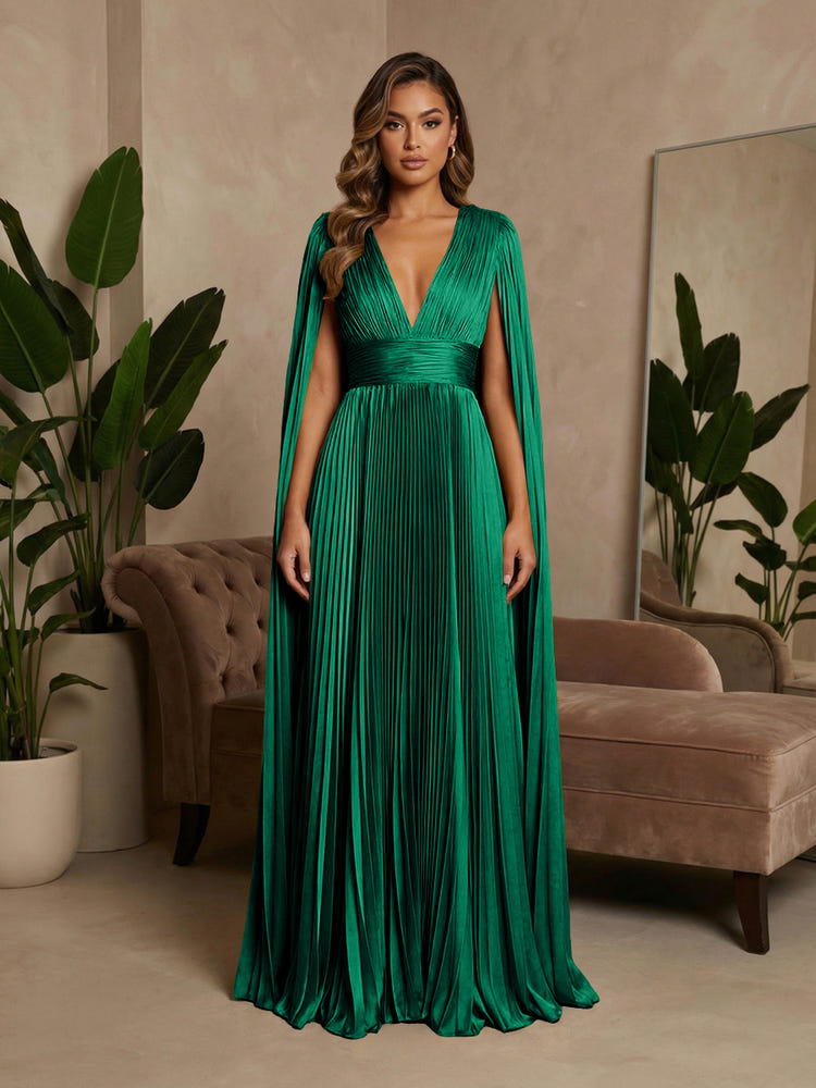 V-Neck Pleated Satin A-Line Formal Dresses with Wrap