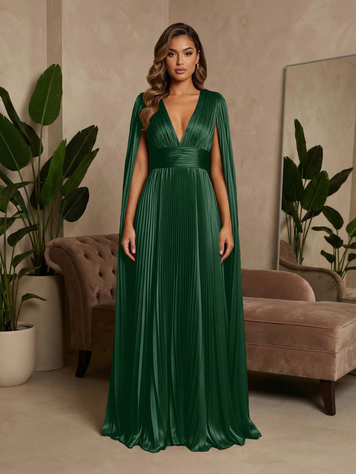 V-Neck Delicate Pleated Satin A-Line Formal Dresses with Wraps