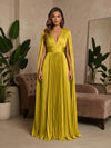 V-Neck Pleated Satin A-Line Formal Dresses with Wrap