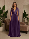 V-Neck Delicate Pleated Satin A-Line Formal Dresses with Wraps