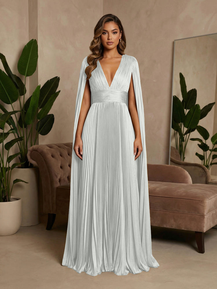 V-Neck Delicate Pleated Satin A-Line Formal Dresses with Wraps