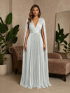 V-Neck Delicate Pleated Satin A-Line Formal Dresses with Wraps