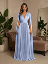V-Neck Delicate Pleated Satin A-Line Formal Dresses with Wraps