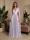 V-Neck Delicate Pleated Satin A-Line Formal Dresses with Wraps