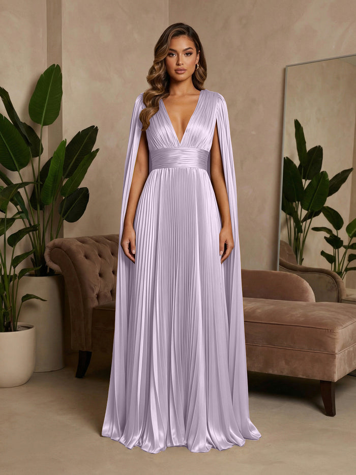 V-Neck Delicate Pleated Satin A-Line Formal Dresses with Wraps