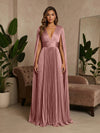 V-Neck Delicate Pleated Satin A-Line Formal Dresses with Wraps