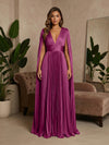 V-Neck Delicate Pleated Satin A-Line Formal Dresses with Wraps