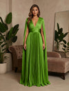 V-Neck Pleated Satin A-Line Formal Dresses with Wrap