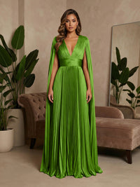 V-Neck Pleated Satin A-Line Formal Dresses with Wrap