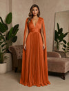 V-Neck Pleated Satin A-Line Formal Dresses with Wrap