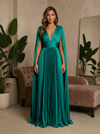 V-Neck Pleated Satin A-Line Formal Dresses with Wrap