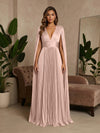 V-Neck Delicate Pleated Satin A-Line Formal Dresses with Wraps