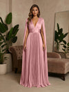 V-Neck Pleated Satin A-Line Formal Dresses with Wrap