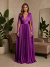 V-Neck Pleated Satin A-Line Formal Dresses with Wrap
