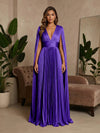V-Neck Pleated Satin A-Line Formal Dresses with Wrap