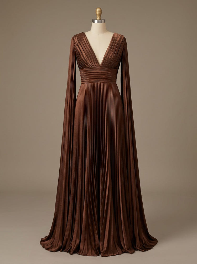 V-Neck Delicate Pleated Satin A-Line Formal Dresses with Wraps