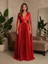 V-Neck Pleated Satin A-Line Formal Dresses with Wrap