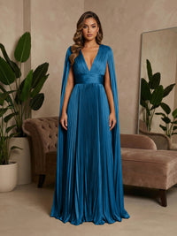 V-Neck Pleated Satin A-Line Formal Dresses with Wrap