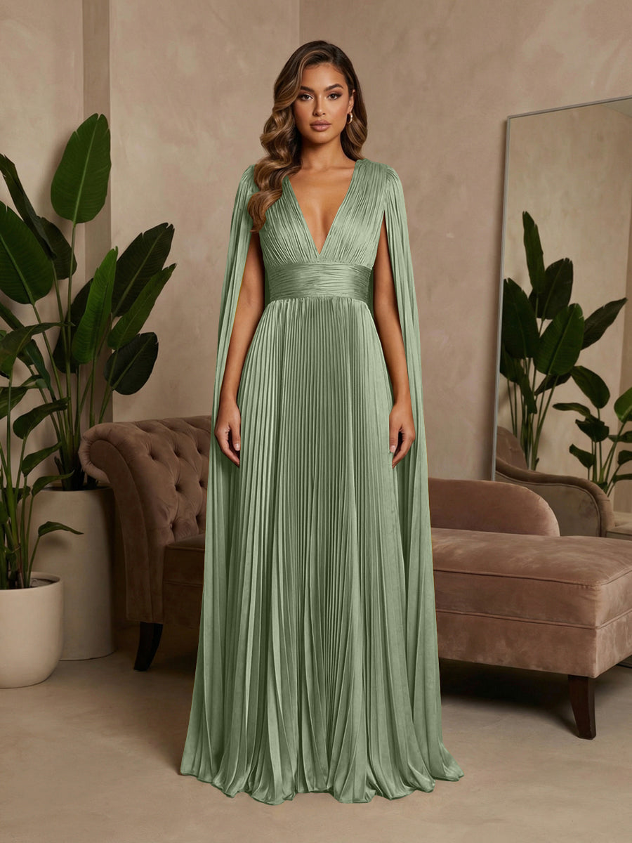V-Neck Pleated Satin A-Line Formal Dresses with Wrap
